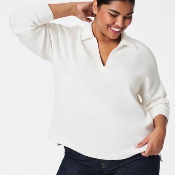 SPANX AirEssentials Polo Long Sleeve Top Heathered Tan Cream Size Medium - Picture 1 of 6
